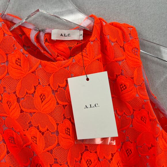 ALC Adriana Crop Top Women 0 Neon Orange Floral Lace Crew neck Scalloped Crochet - Picture 9 of 15